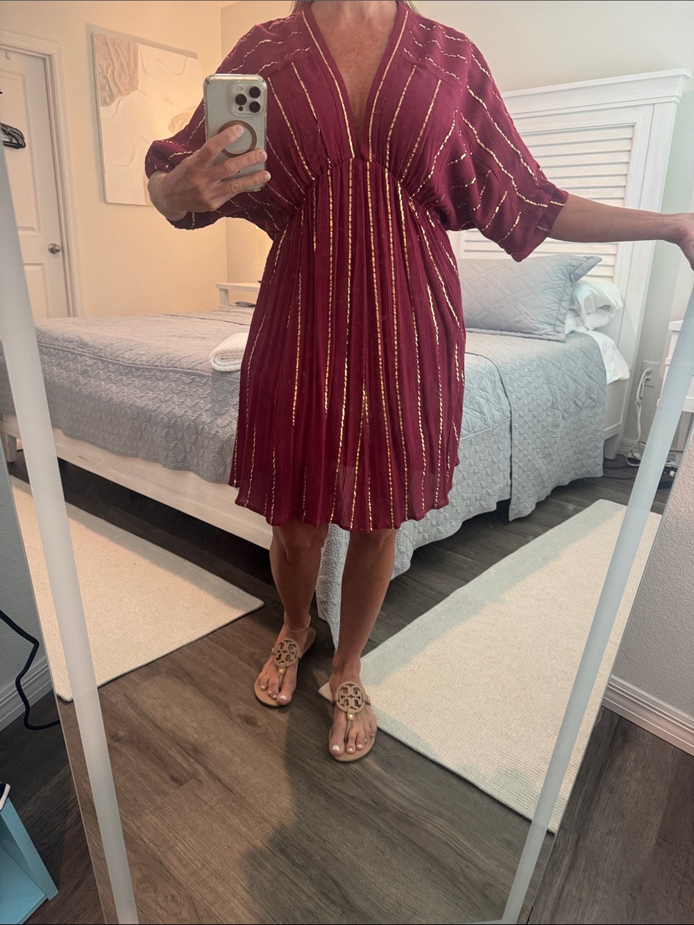 En Creme Burgundy Dress with Gold Stripes